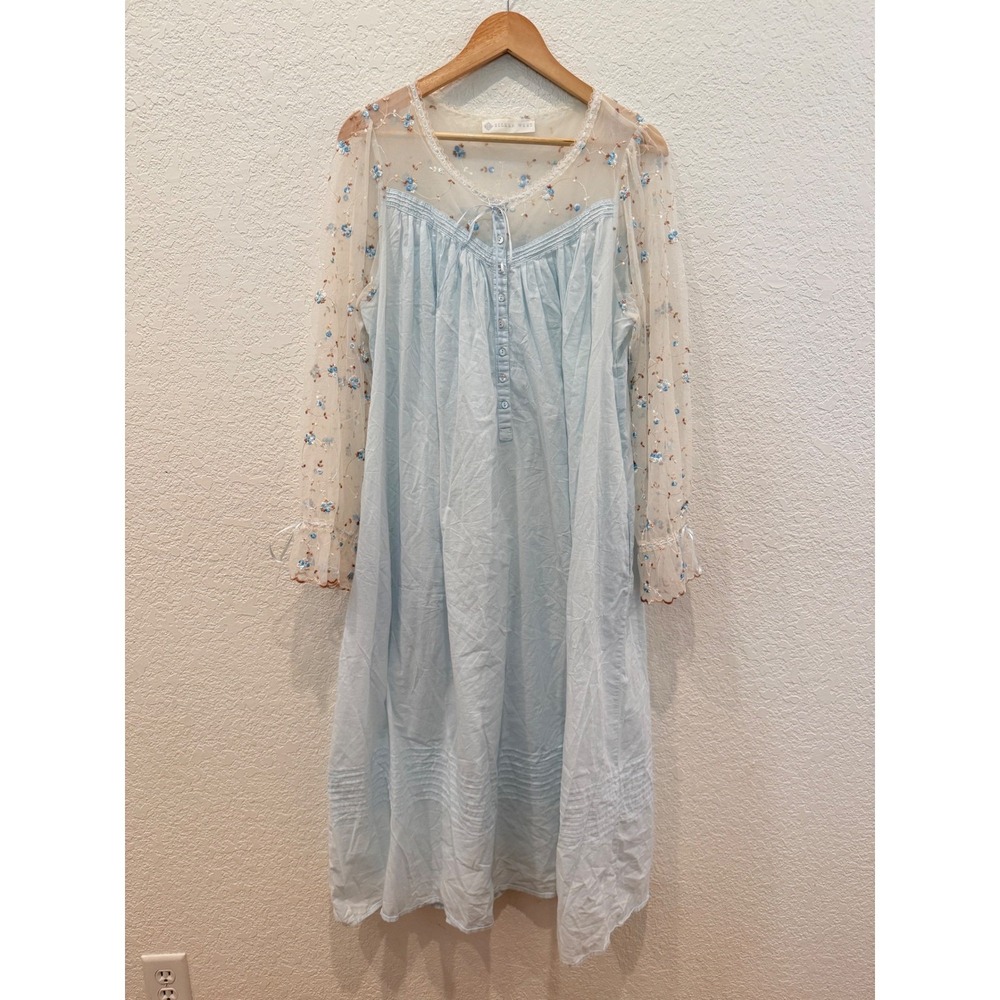 Eileen West Blue Cotton Embroidered Mesh Sleeve Lawn Nightgown Victorian Style M - Picture 2 of 14